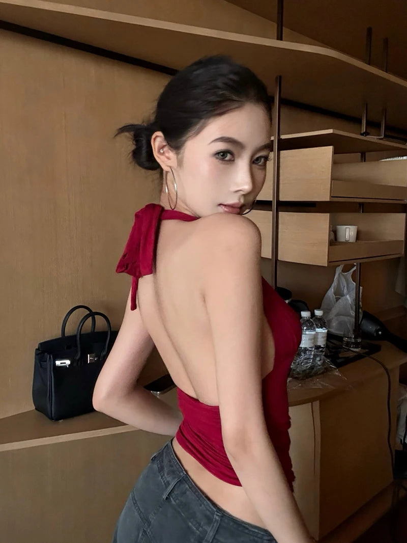 MEXZT Y2K Red Tank Top Women Streetwear Sexy Gyaru Halter Backless Corset Grunge Aesthetic V Neck Camis Summer Coquette Clothes Aviola