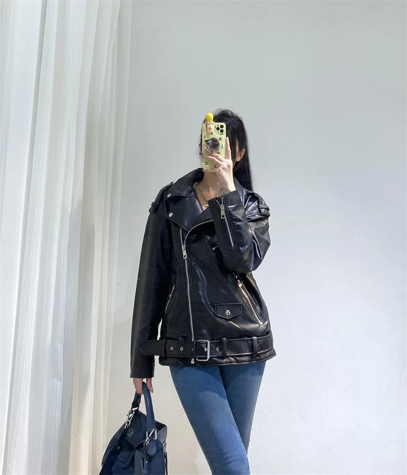 RARF  New 2024 Women's motorcycle leather PU imitation leather loose jacket black jacket Aviola