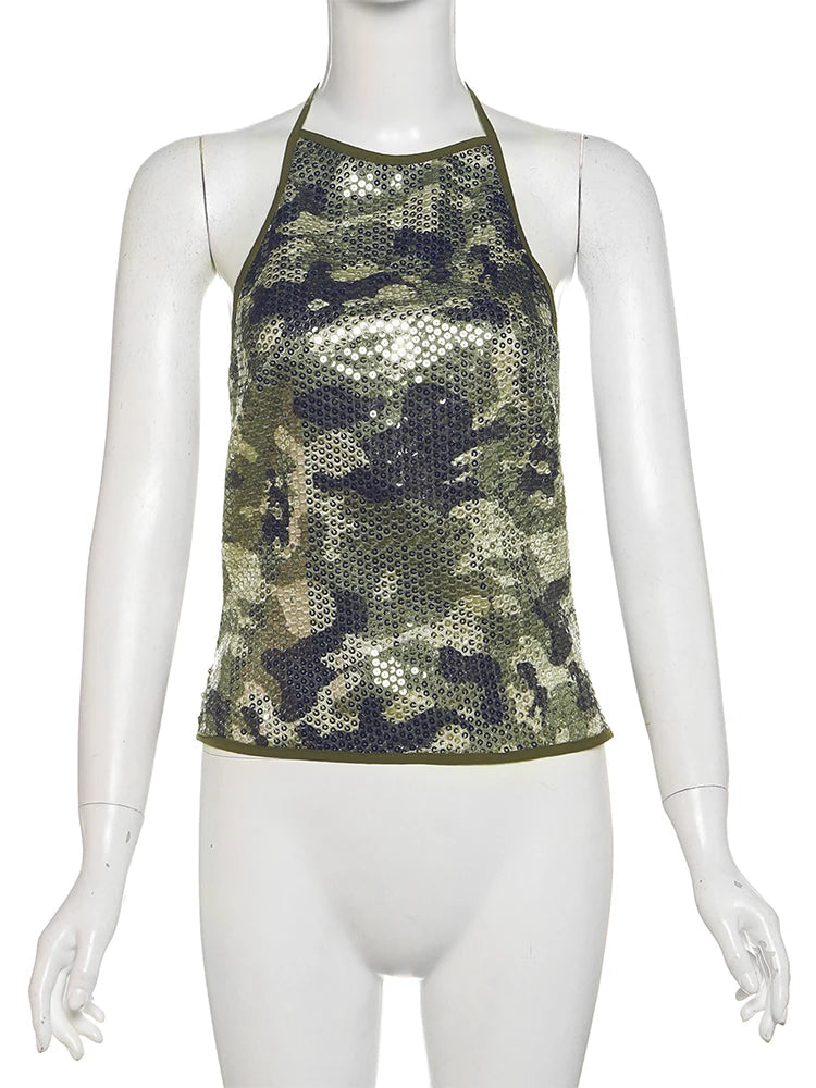 Nibber Camouflage Print Sequins Camisole Women Halter Lace-Up Backless Sleeveless Sexy Street Midnight Daily Summer Trend Tops Aviola