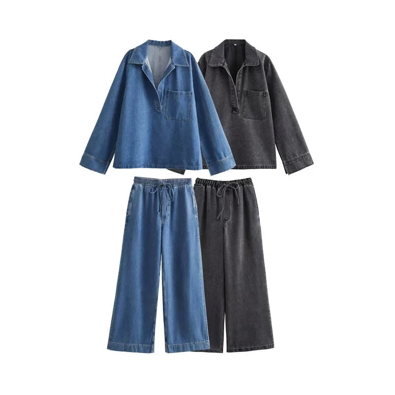 Two Piece Sets Women Denim Top Straight Wide Leg Pants Mom Jeans Matching Sets Lace Up Trousers Ensemble Streetwear Outfits Aviola