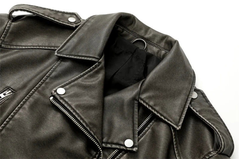 RARF 2024New Coal graysty le Women's washed leather jacket with belt, short coat with downgraded zipper and vintage lapel jacket Aviola