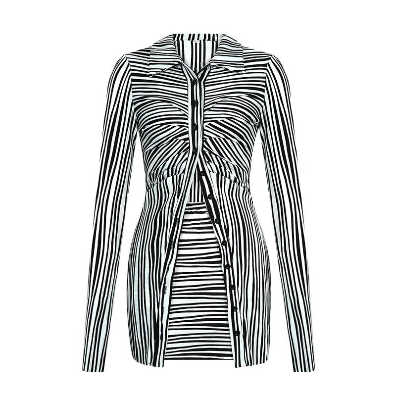 Nibber Autumn Two-piece set Women Fashion Pretty Full Sleeve Pleats Buttons Office Lady Top+Hip Skirt Striped Sexy Classic Suit Aviola