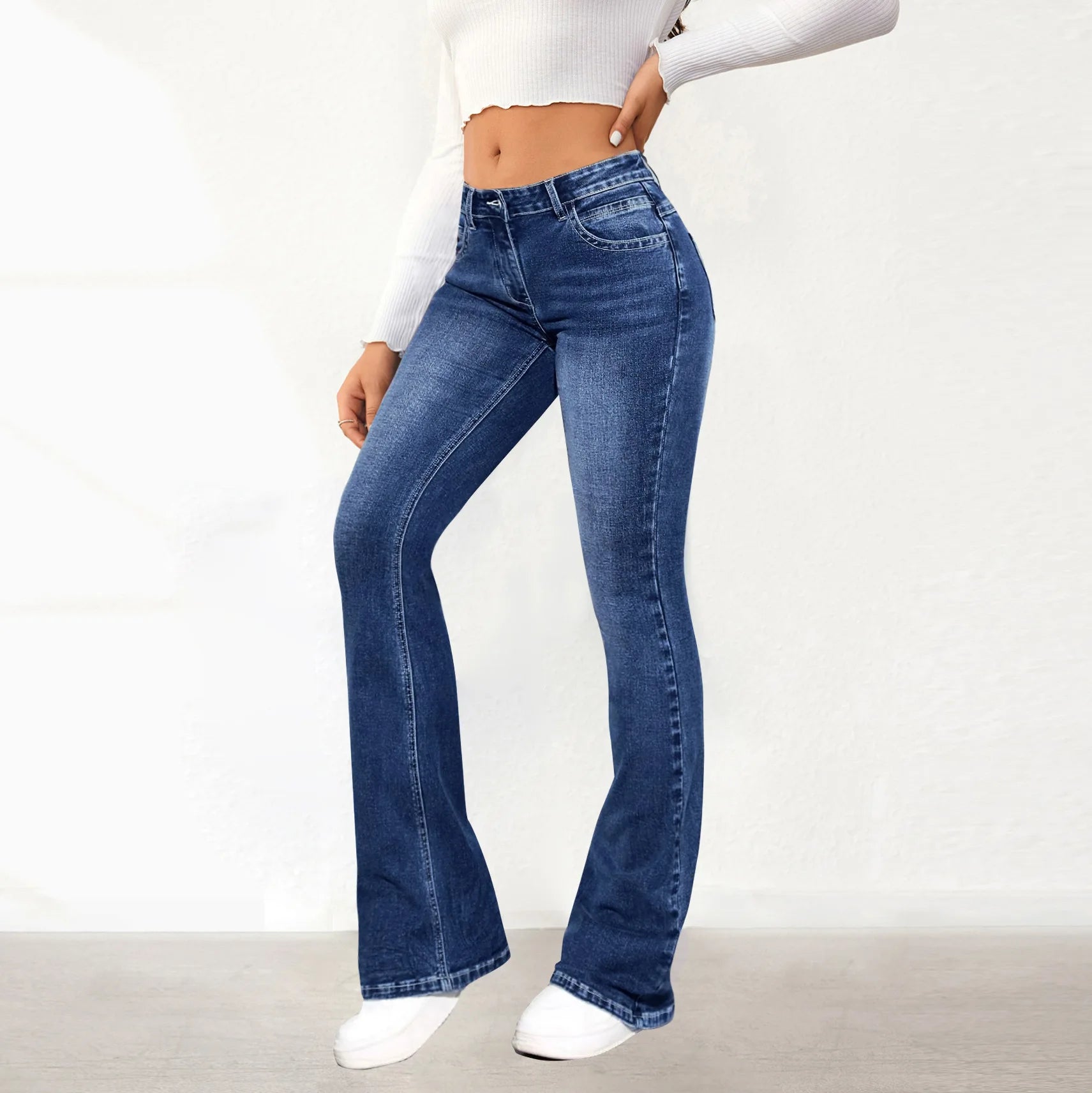 Women Jeans Slim Fit Flare Pants Denim Washing Pockets High Waist Solid Ankle Length Boot Cut Streetwear Casual Zipper Fly Aviola