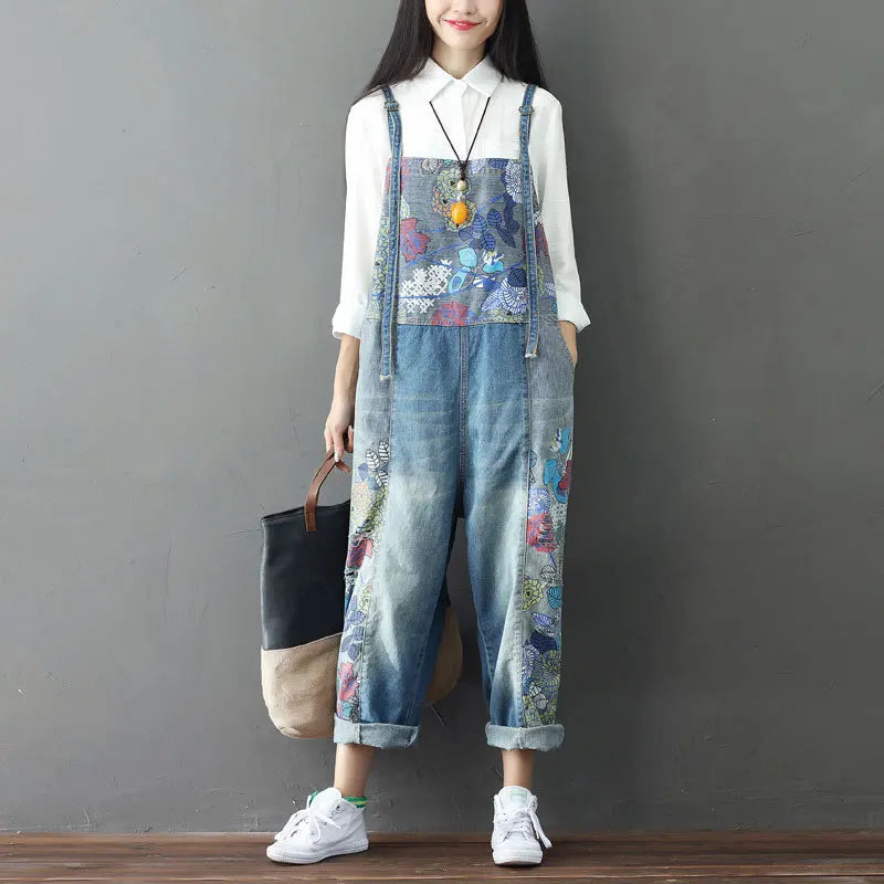 Overalls Women Suspenders Sling Jumpsuits Denim One Piece Wide Leg Long Pants High Waist Rompers Y2k Streetwear Print Floral Aviola