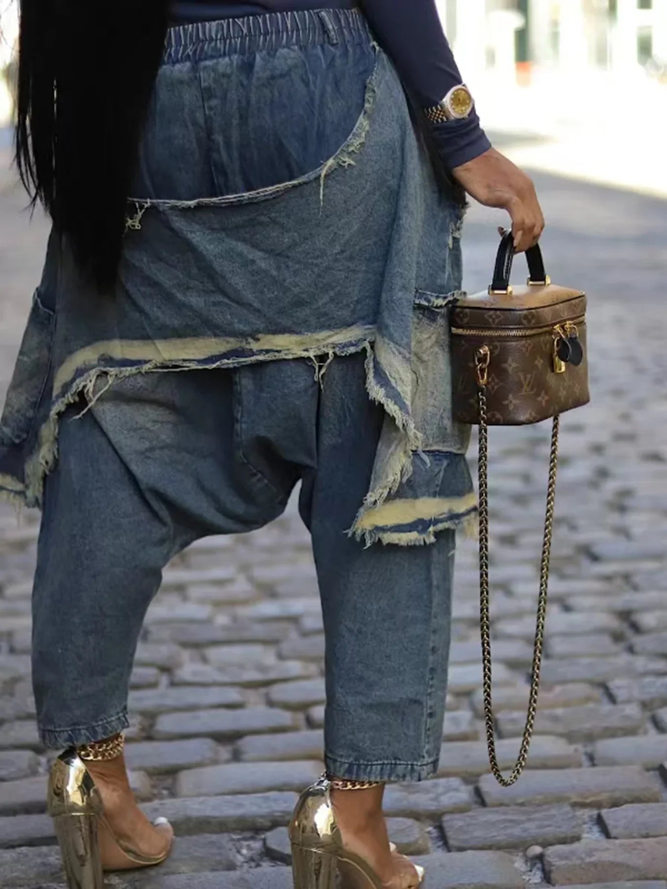Jeans Women Harem Pants Hole Elastic Waist Tassels Washed Denim Pants Punk Y2k Streetwear 2025 Ripped Ankle Length Trousers Aviola