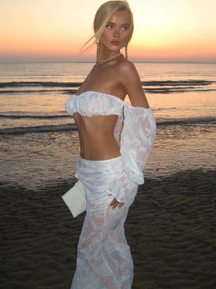 Nibber Beach Party Mesh Patchwork 2 Piece Set Women Sexy Slash Neck Flared Sleeve Crop Tops+A-Line Long Skirts Elegant Suits Aviola
