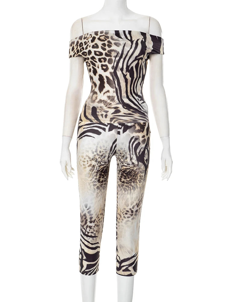 Nibber Fashion Leopard Print 2 Piece Set Women Slash Neck Backless Top+Skinny Peach Hip Crop Pants Hottie Hipster Streetwear Aviola