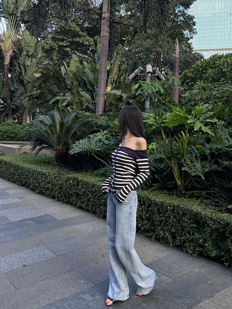 MEXZT Vintage Striped Sweater Women Sexy Cropped Slash Neck Knitted Pullovers Streetwear Korean Knitwears Winter Ladies Jumpers Aviola