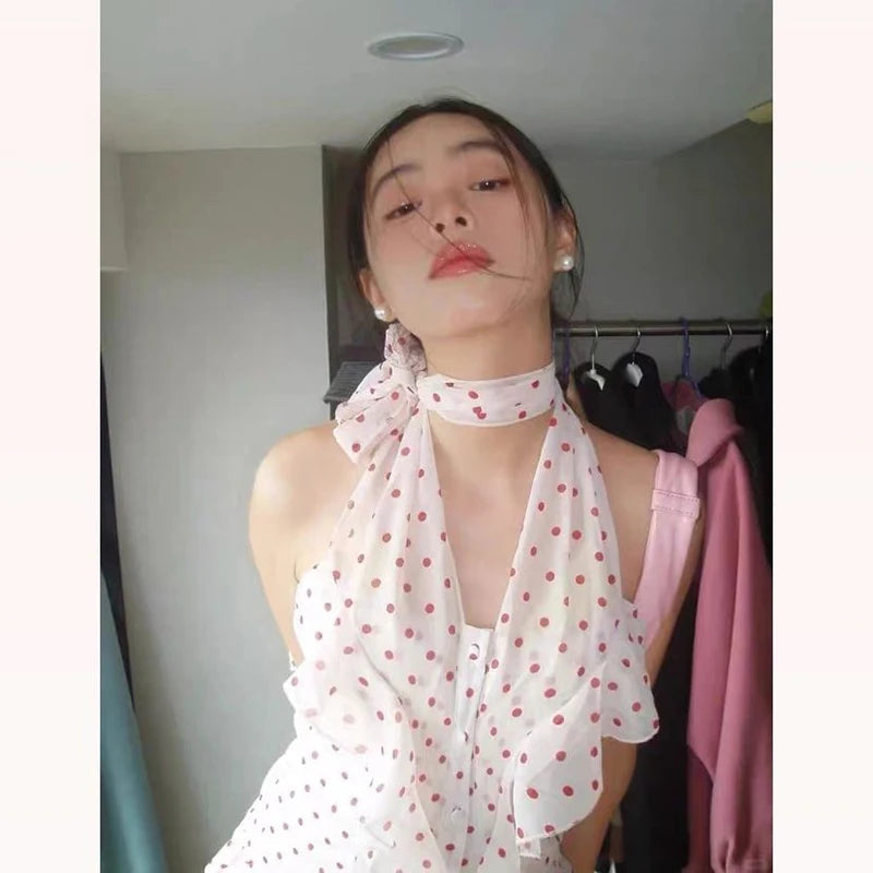 MEXZT Vintage Polka Dots Shirts Women Sexy Cropped Halter Sleeveless Chiffon Blouses Summer Korean Ruffles Print Design Tops New Aviola