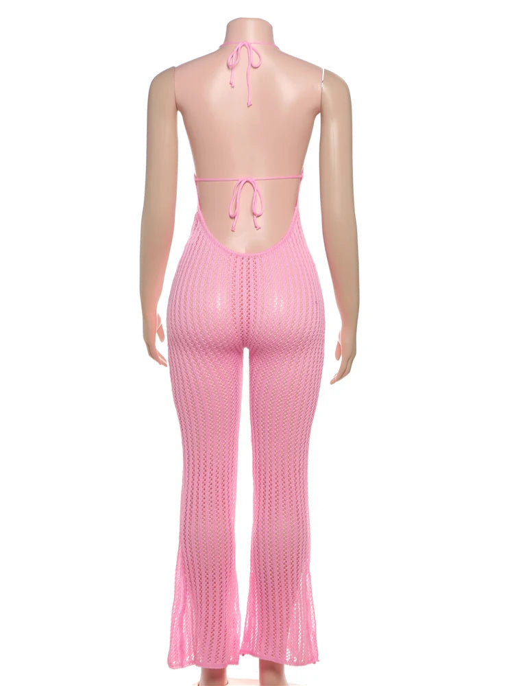 Nibber Knitted Lace-Up Jumpsuit Women Backless Halter Flower Applique Sleeveless 2025 Summer Vacation Trend Classic Overalls Aviola