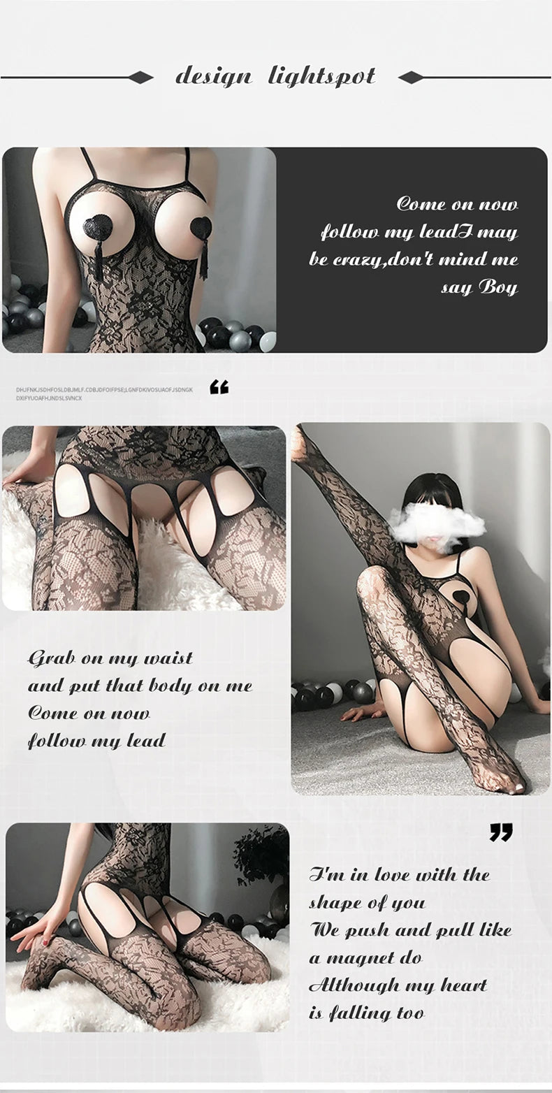 Erotic Crotchless Lingerie Plus Size Women Sexy Open Bra Tights Black Fishnet Bodystockings Goth Mesh Lace Floral Long Pantyhose Aviola