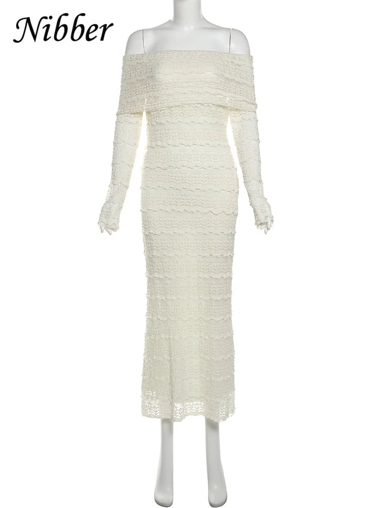 Nibber Vacation Dress Women Jacquard Lapel Slash Neck Backless See Through Full Sleeve Beach Party Elegant Chic Long Bodycon Aviola