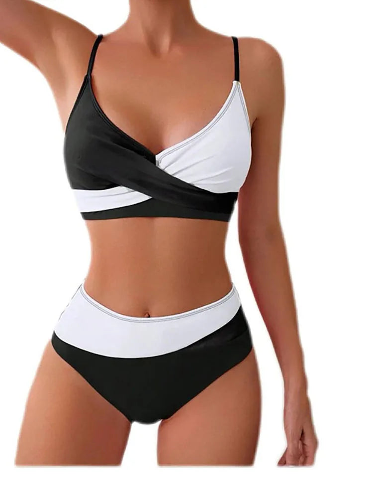 New Sexy High Waist Bikini 2025 Cross Backless Women Swimsuit Patchwork Tight Beachwear Bikini Set Seaside Sling Pool Swimwear Aviola