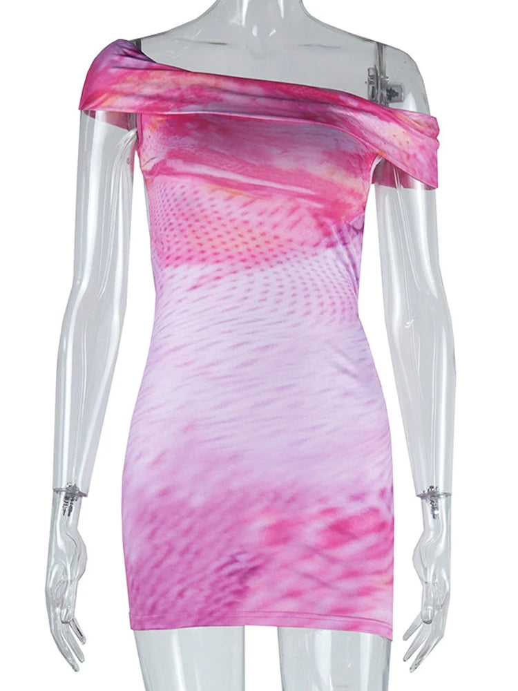 Nibber Y2K Backless Dress Women Gradient Print 2025 Summer Trend Sleeveless Inclined Shoulder Skinny Sexy Midnight Mini Bodycon Aviola