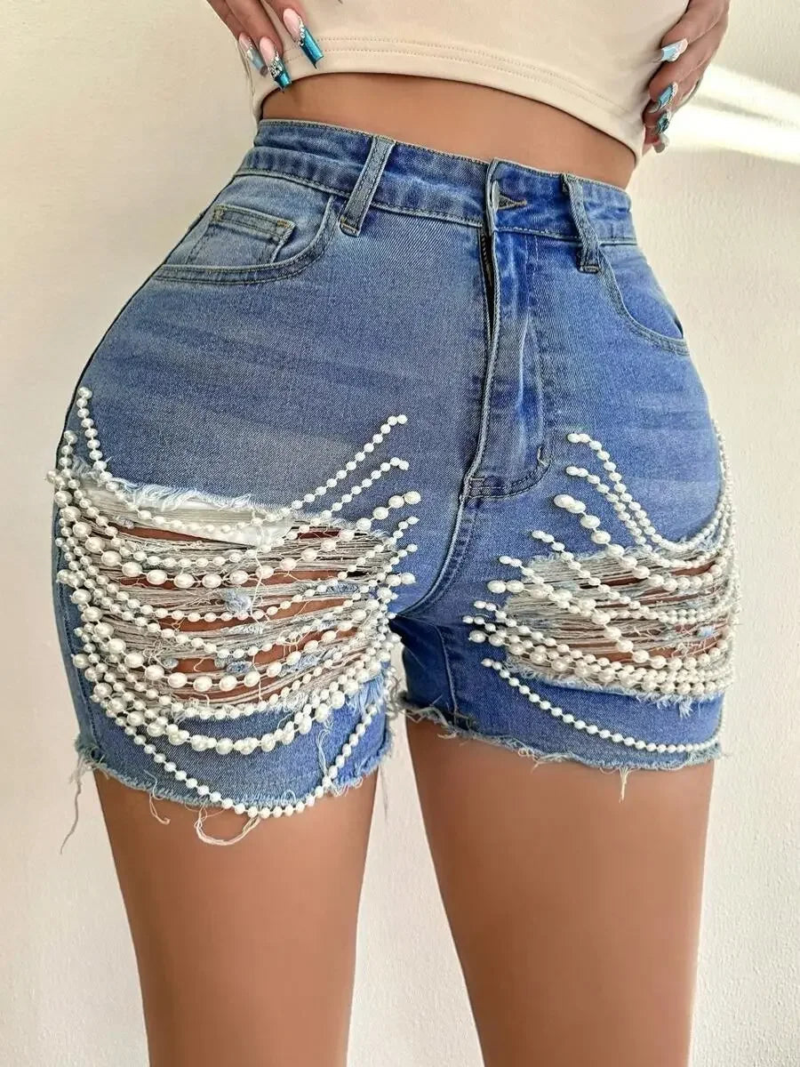 Denim Shorts Women Hole Jeans Ripped Pearl Chain Pockets Sexy Mom Vintgae Party Short Pants High Waist Denims Streetwear 2025 Aviola