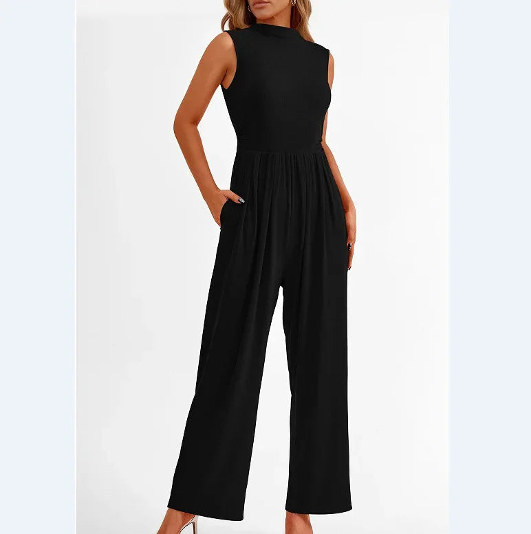 Women Jumpsuits One Piece O Neck Sleeveless Rompers Overalls Solid Wide Leg Pants Pockets High Waist Ankle Length Basics 2025 Aviola