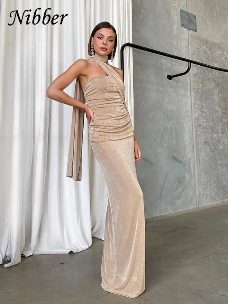Nibber Ruched Backless Dress Women Diagonal Collar Single Shoulder Strap Tassel Elegant Temperament Stretch Trend Long Bodycon Aviola