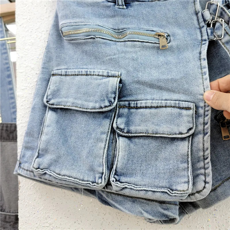 Denim Skirt Women Jeans Culottes Cargo Shorts Irregular Washed High Waist Multiple Y2k Punk Streetwear Short Pants Summer 2025 Aviola