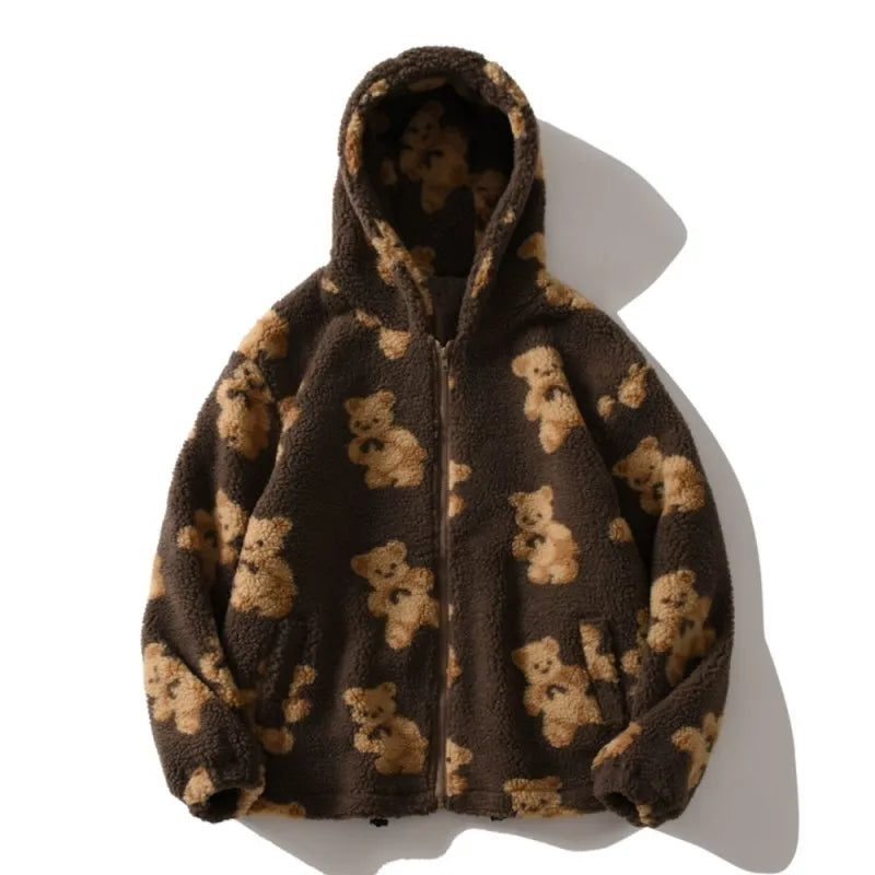 Y2K imitation lamb plush women's cotton jacket, little bear couple loose and lazy style, winter thick hooded jacket Aviola
