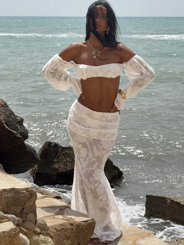 Nibber Beach Party Mesh Patchwork 2 Piece Set Women Sexy Slash Neck Flared Sleeve Crop Tops+A-Line Long Skirts Elegant Suits Aviola
