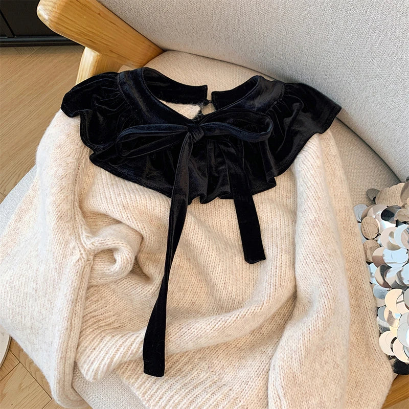 MEXZT Vintage Bow Sweater Women Streetwear Velvet Patchwork Knitted Pullovers Long Sleeve Knitwears Winter Korean Casual Jumpers Aviola