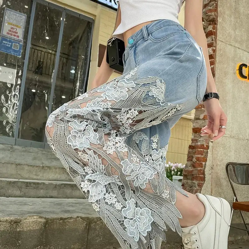 Denim Pant Women Jeans Hollow Out Floral Long Pants Slim Lace High Waist Straight Trousers Y2k Streetwear Splice Mom Party Club Aviola