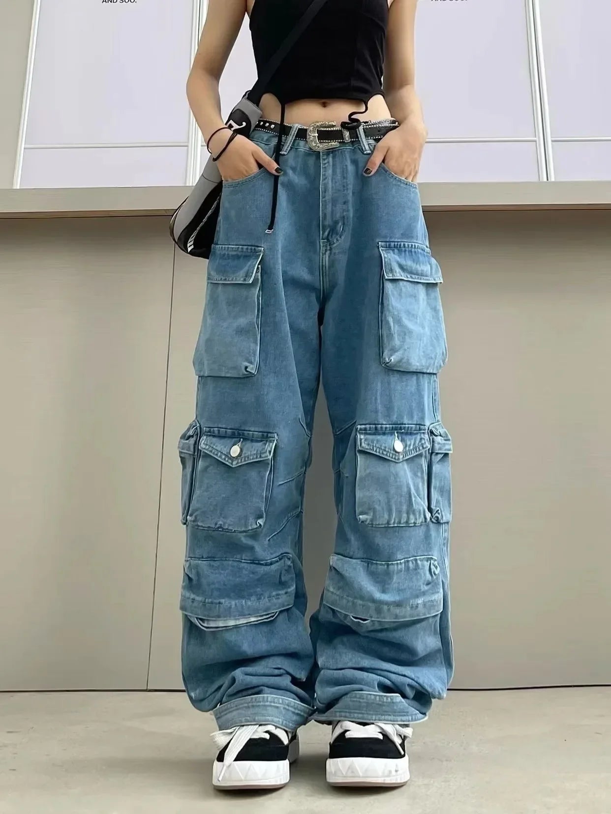 Women Jeans Denim Cargo Pants Long Pant Wide Leg High Waist Button Pockets Streetwear Y2k Mom Straight Trousers Casual Loose Aviola