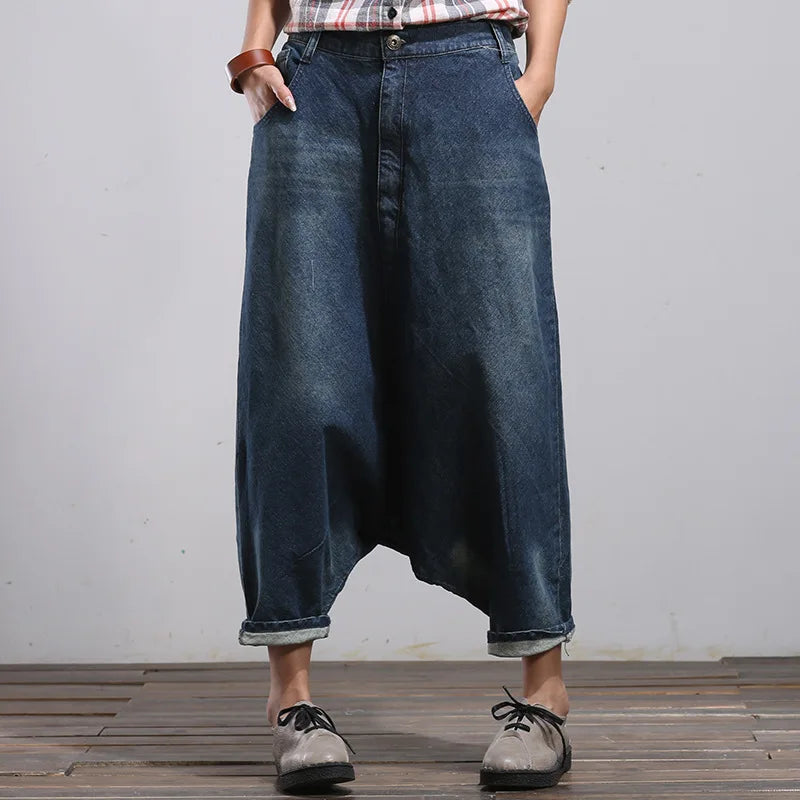 Harem Denim Pants Women Vintage Jeans Spliced Pockets Streetwear Loose Jean Washed Zipper Fly Distressed Ankle Length 2024 Aviola
