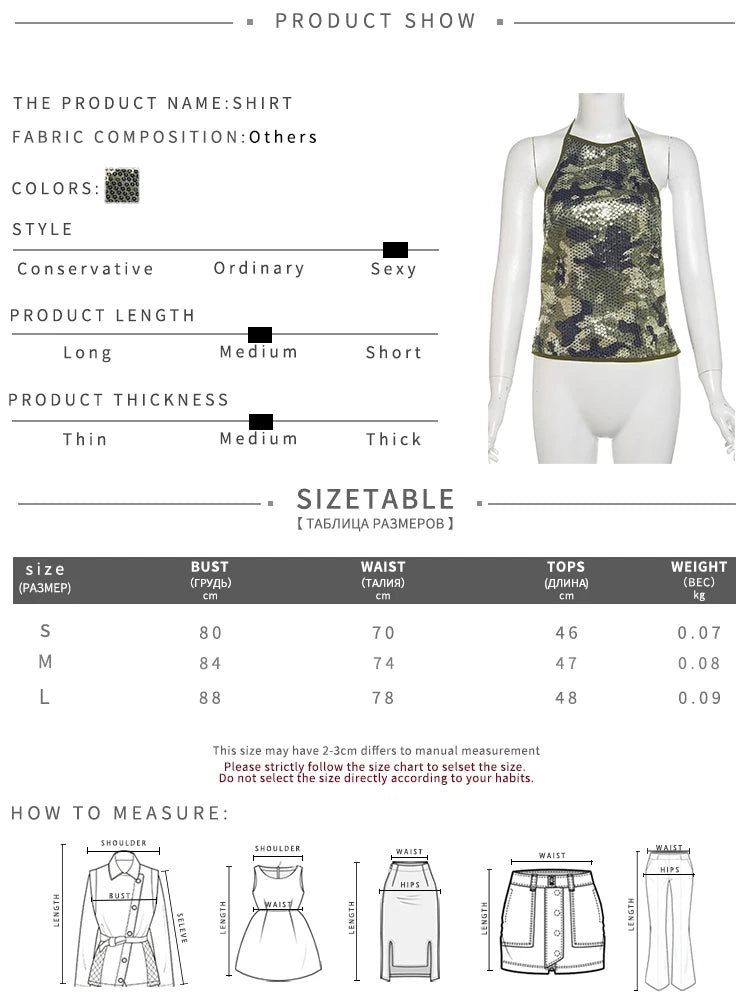 Nibber Camouflage Print Sequins Camisole Women Halter Lace-Up Backless Sleeveless Sexy Street Midnight Daily Summer Trend Tops Aviola