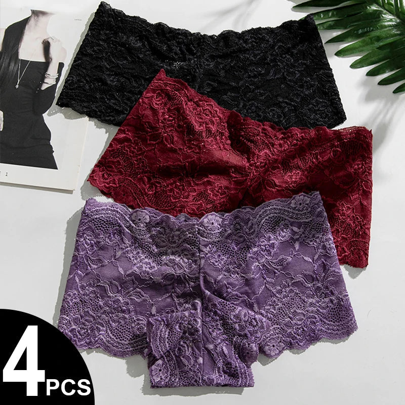 4PCS/Set Lace Women Panties Sexy Underwear Perspective Floral Hollow Out Briefs Female Underpants Breathable Ladies Lingerie Aviola