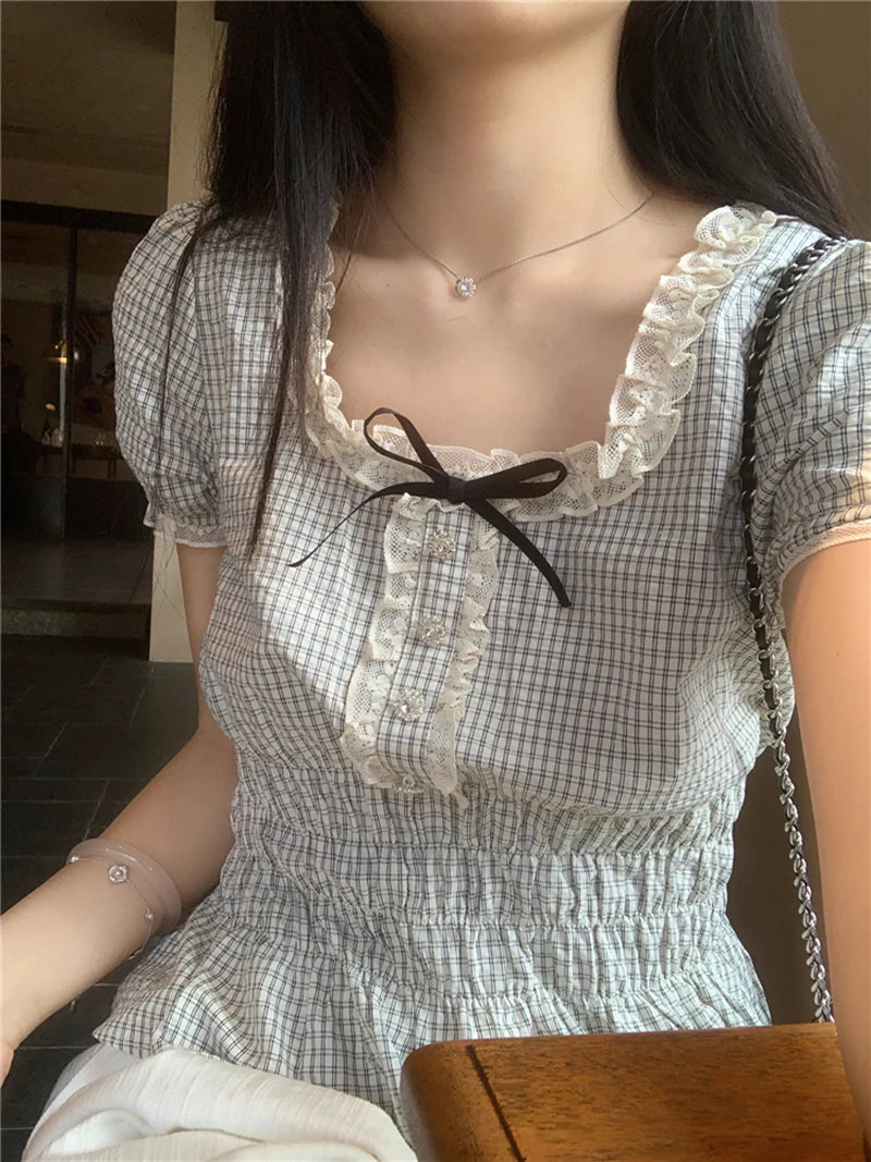 MEXZT Vintage Plaid Shirts Women Japanese Harajuku Bow Lace Patchwork Blouses Summer Kawaii Cute Puff Short Sleeve Casual Tops Aviola
