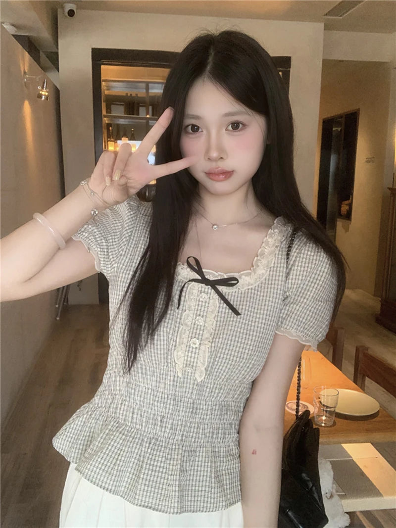 MEXZT Vintage Plaid Shirts Women Japanese Harajuku Bow Lace Patchwork Blouses Summer Kawaii Cute Puff Short Sleeve Casual Tops Aviola