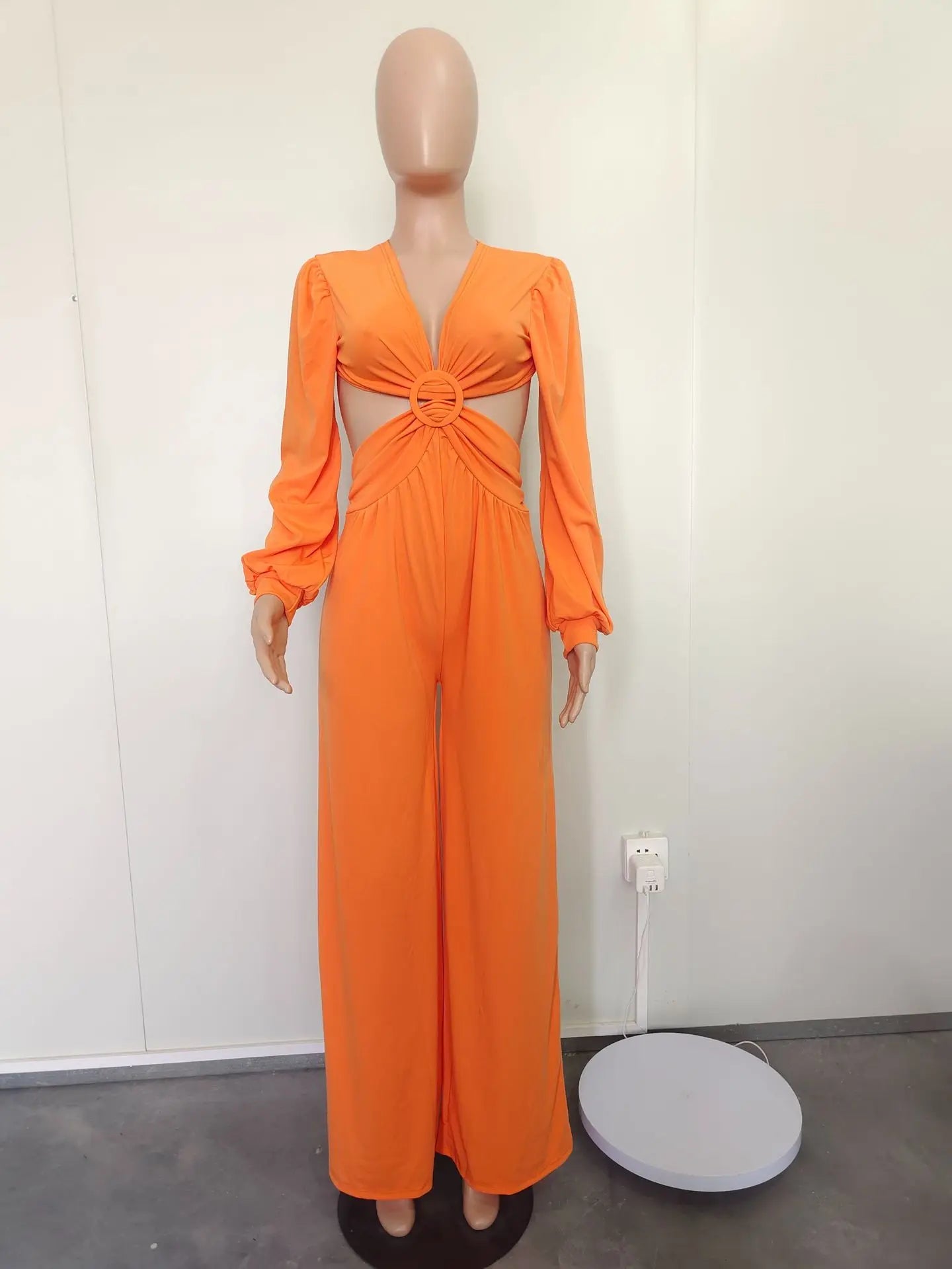 Jumpsuits Long Sleeve One Piece V Neck Women Rompers Backless Sexy Overalls Solid Wide Leg Pants Pockets Spliced Full Length Aviola