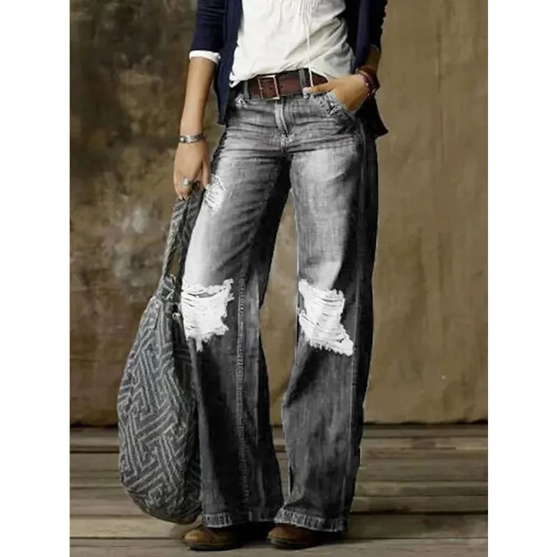 Women Jeans Wide Leg Pants Ankle Length Washing Denim Distressed Pockets High Waist Casual Loose Solid Spliced Summer 2024 Aviola
