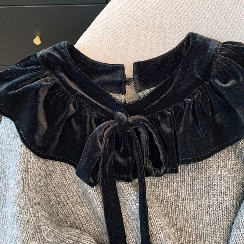 MEXZT Vintage Bow Sweater Women Streetwear Velvet Patchwork Knitted Pullovers Long Sleeve Knitwears Winter Korean Casual Jumpers Aviola
