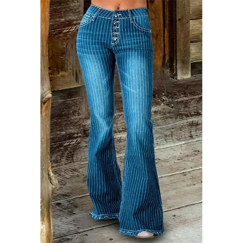 Stripe Jeans Women Mid Waist Flare Pants Ladies Trousers Female Casual Slim 2025 Summer Button High Strecth Elegant Office Lady Aviola