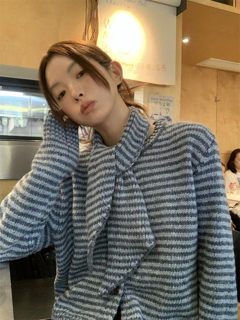 MEXZT Vintage Striped Knitted Cardigan Women Elegant Scarf Sweater Outerwears Korean Long Sleeve Knitwears Winter Casual Jumpers Aviola