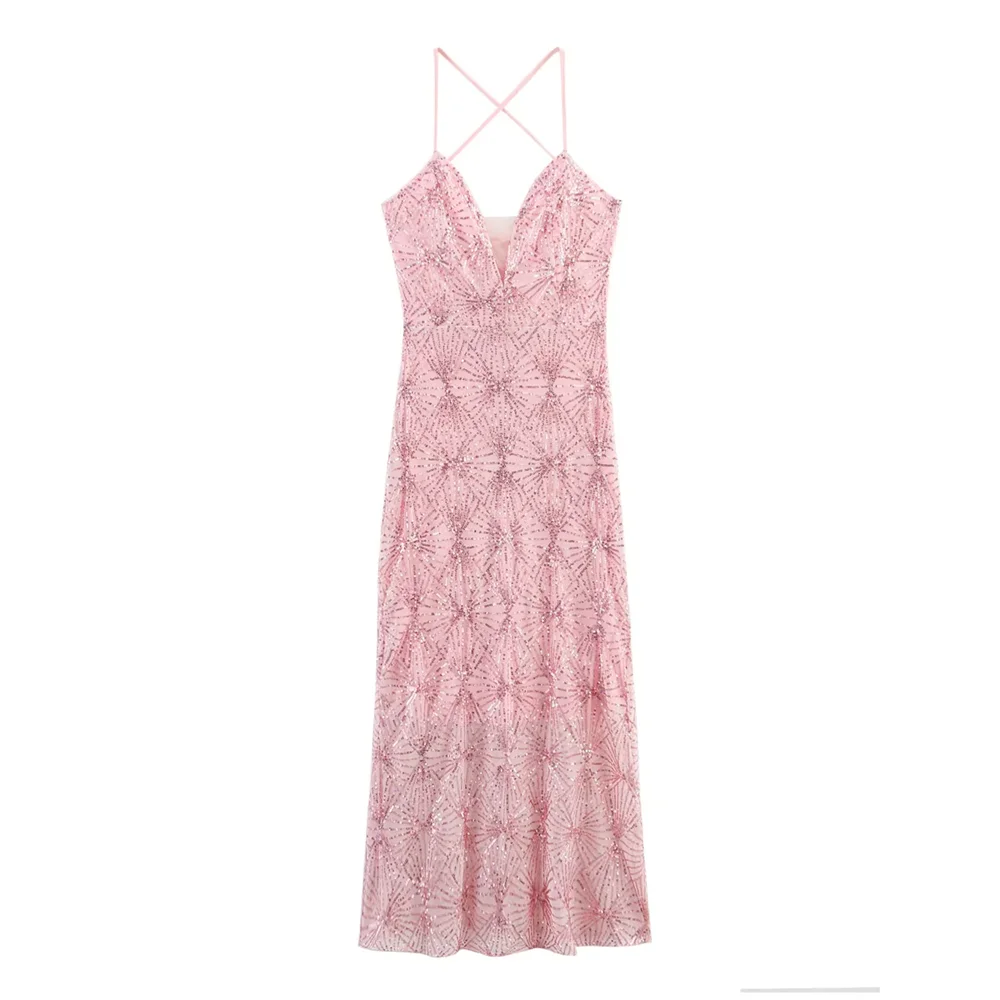 BM&MD&ZA2025elegant sequins decoration seaside holiday style backless lace-up design dress summer new women's clothing Aviola