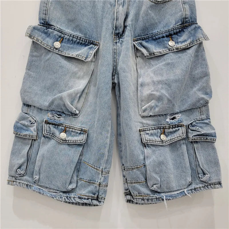 Denim Pant Women Mom Jeans Calf Length Pants Pockets High Waist Straight Trousers Y2k Streetwear Club Splice Casual Loose 2025 Aviola
