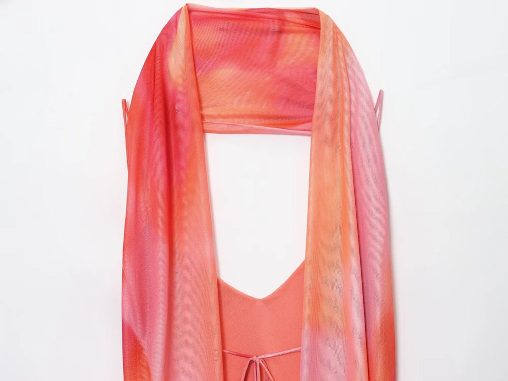 UNIZERA Scarf Printed Backless Long Dress 2025 Summer New Arrivals Women's Wear Elegant Satin Textured Dress Aviola