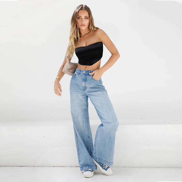 Women Jeans Wide Leg Pants Denim Pockets Streetwear Loose High Waist Full Length Washing Zipper Fly Flat Solid Color 2024 Aviola