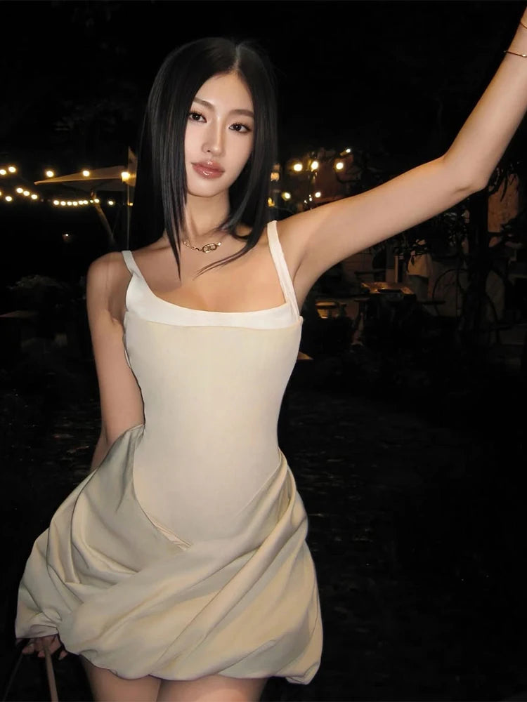 Nibber Backless Dress Women Patchwork Square Collar Sleeveless Ruffles Cross Hem Slim Classic Summer Birthday Party Mini Bodycon Aviola