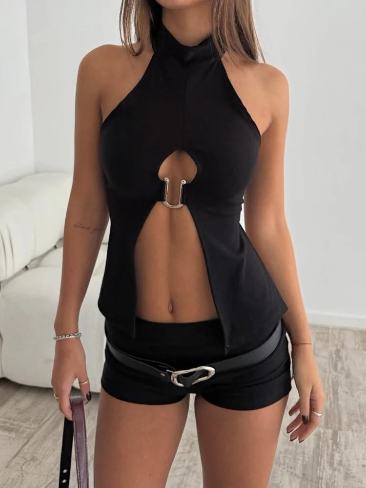 Nibber u-Shaped Metal Ring Tops Women Splits o-Neck Backless Sleeveless Coquette Buttons Halter Sexy Hottie Midnight Clothes Aviola