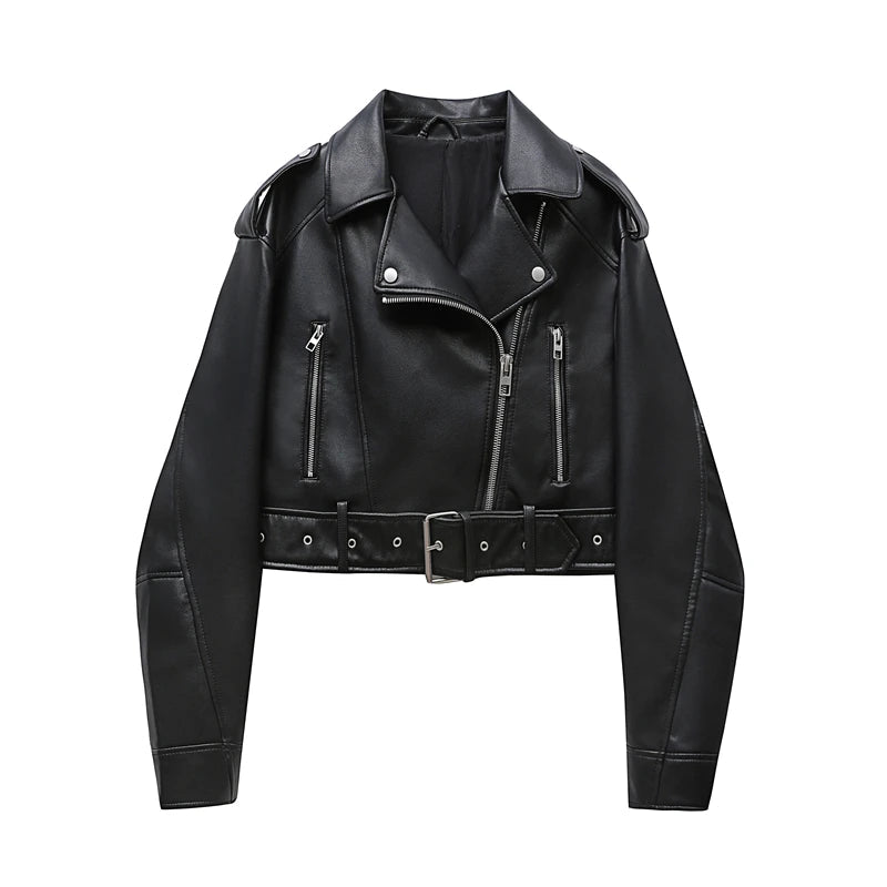 Chaqueta de cuero lavado con cinturón para mujer, abrigo corto con cremallera degradada y cuello vuelto Vintage, chaqueta elegan Aviola