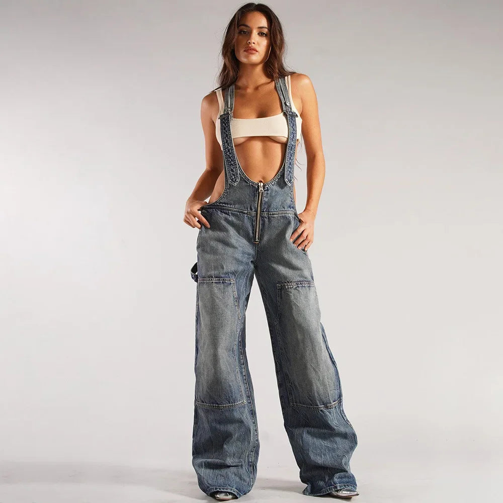 Jumpsuits Women Jeans Overalls Sexy Backless Vintage Full Length Denim Straight Pants Loose Pockets Distressed Washed Casual Aviola