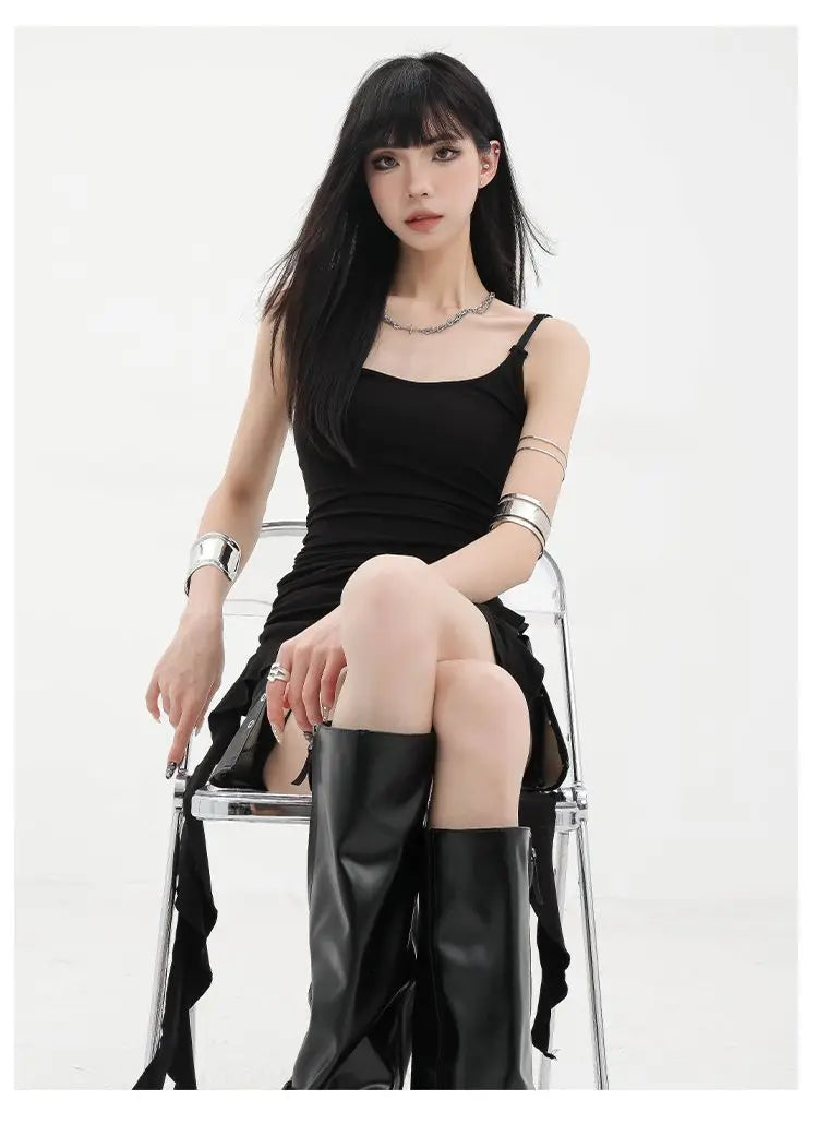 MEXZT Y2K Irregular Black Tank Top Women Grunge Aesthetic Sexy Backless Camis Gyaru Streetwear Korean Tees Summer Design Tanks Aviola