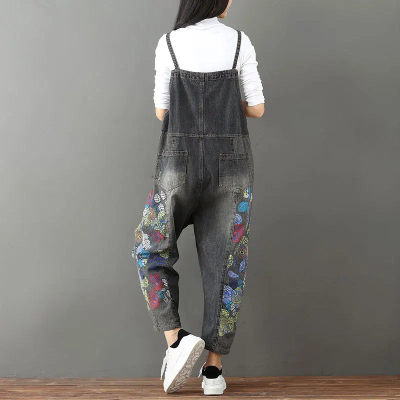 Overalls Women Suspenders Sling Jumpsuits Denim One Piece Wide Leg Long Pants High Waist Rompers Y2k Streetwear Print Floral Aviola
