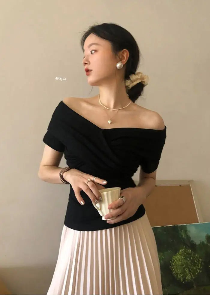 MEXZT Vintage Slash Neck T Shirts Women Streetwear Sexy Cross White Crop Tops Summer Korean Elegant Short Sleeve Design Tees New Aviola