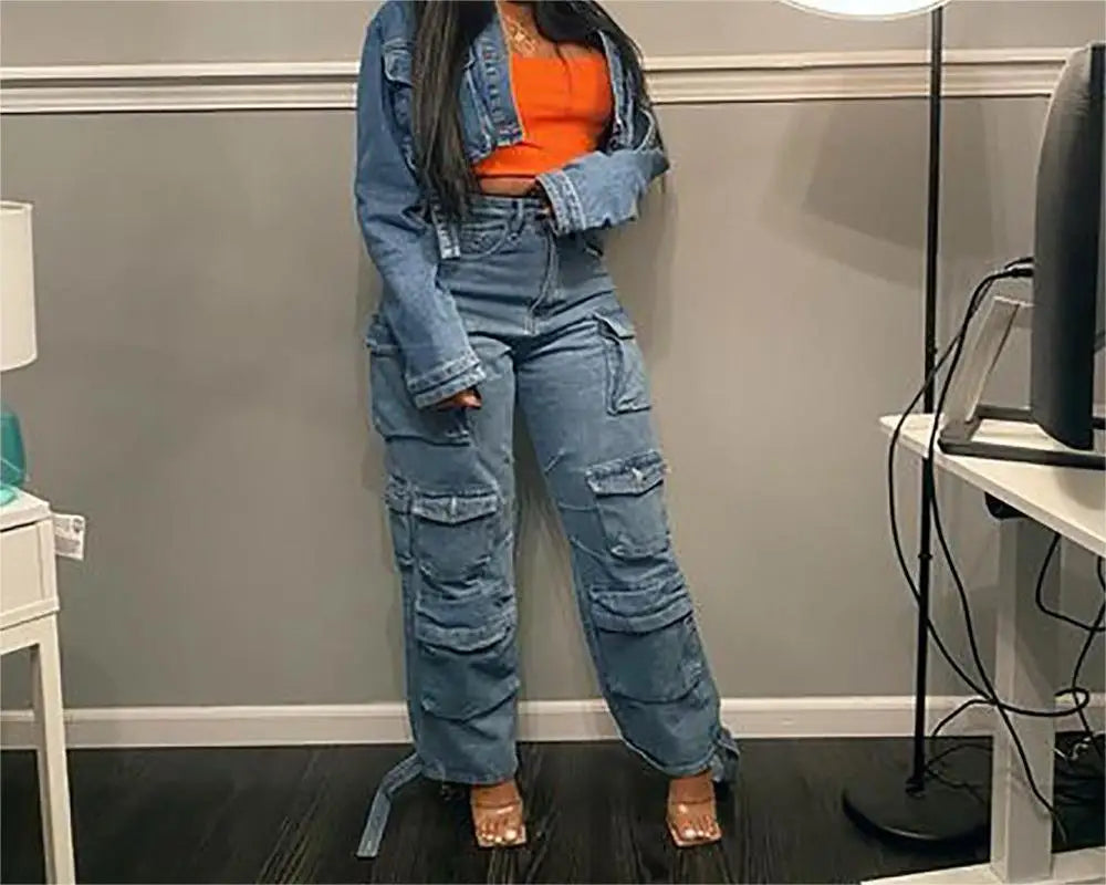 Women Jeans Washing Denim Patchwork Cargo Pants Pockets Mid Waist Zipper Mom Jeans Winter 2025 Slight Strech High Street Loose Aviola