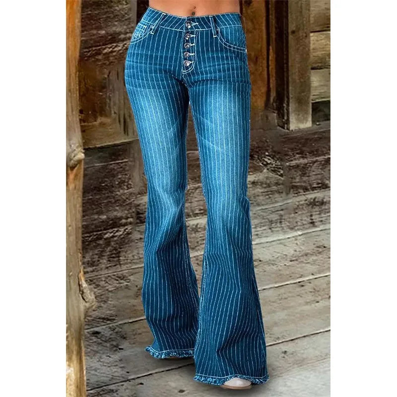 Stripe Jeans Women Mid Waist Flare Pants Ladies Trousers Female Casual Slim 2025 Summer Button High Strecth Elegant Office Lady Aviola